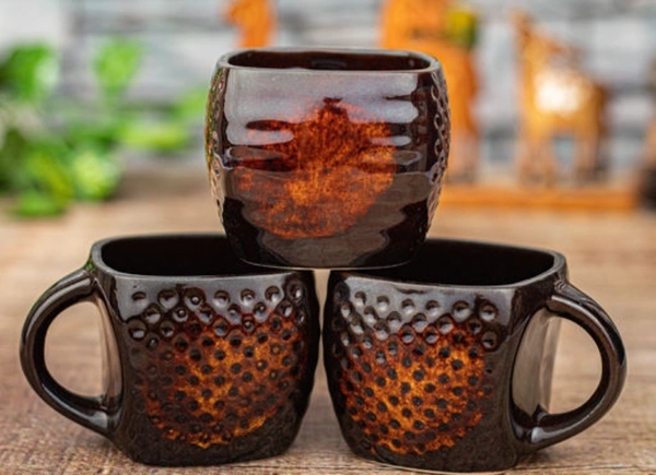 Brown Dotted Square  Ceramic Tea Cups Set of 6 -  Free Size,  Brown,  Ceramic,  Pack of1